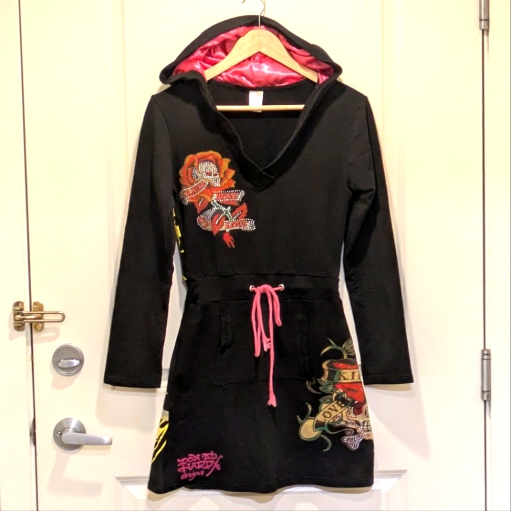 Ed Hardy Black Mini Dress with Pink Accents